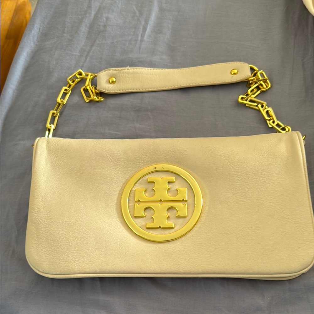 Tory Burch Cream and Gold Clutch with Chain Strap